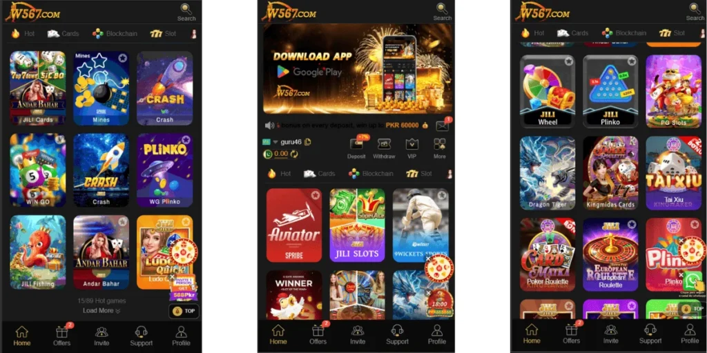 Screenshots of the W567.com gaming app showing different casino and card games like Aviator, Plinko, Dragon Tiger, Andar Bahar, and more.