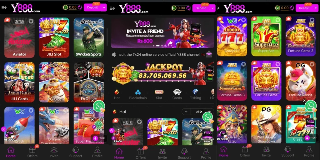 Screenshot of the Y888 Game app interface showing categories like Hot, Blockchain, Slot, Cards, and Fishing, with popular games such as Aviator, JILI Slot, Crazy 777, Super Ace, Fortune Gems, Fortune Rabbit, Andar Bahar, and PG Slot.