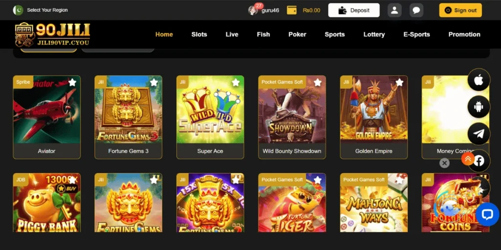 90Jili Game homepage showing slots, live casino, poker, sports, lottery, and e-sports options with popular games like Aviator, Fortune Gems, Super Ace, and Golden Empire.