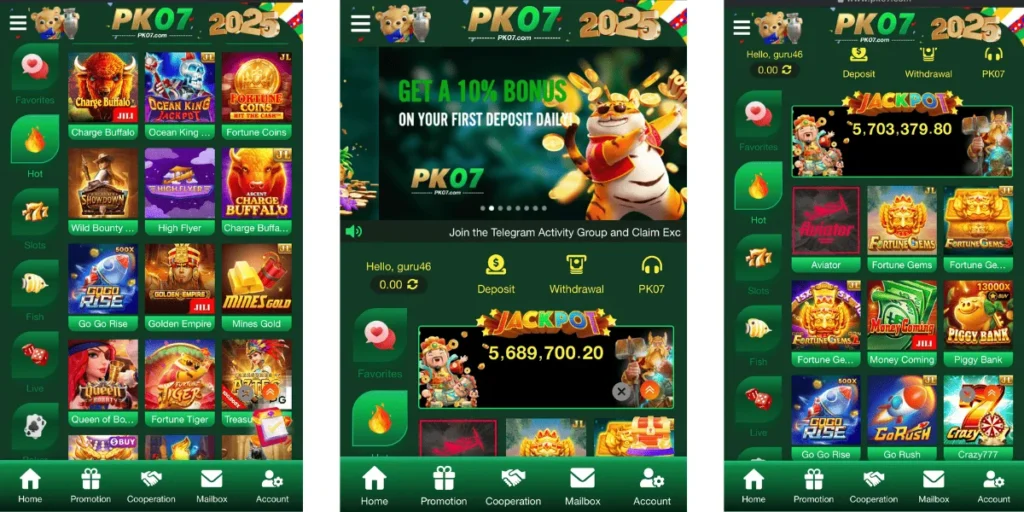 Screenshots of PK07 Game app interface showing slots, casino games, jackpots, promotions, and account features with a green-themed design.