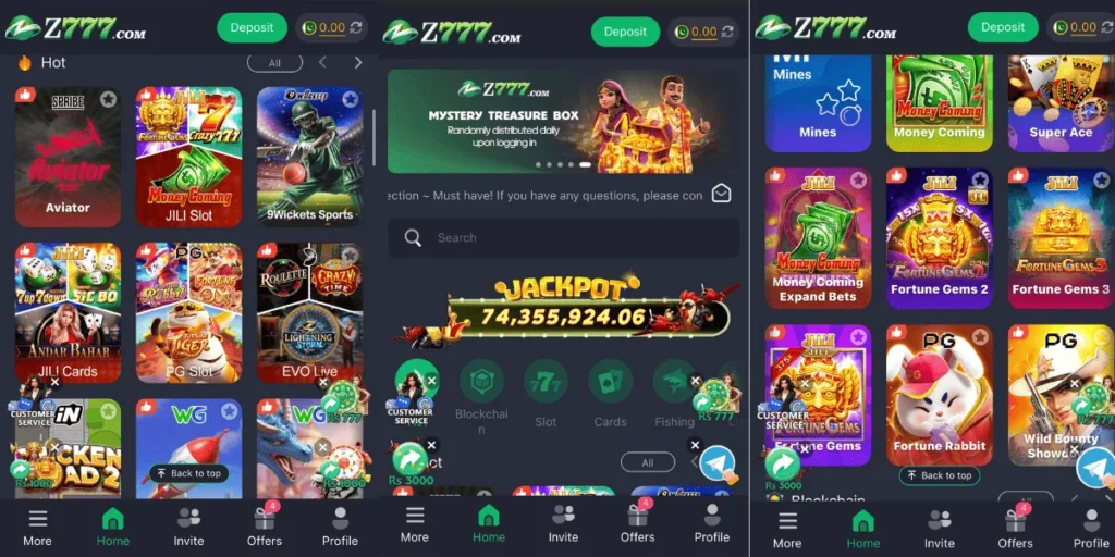 Z777 Game app interface showing various casino games, slots, and jackpot section with bright icons, earning options, and a modern dark background design.