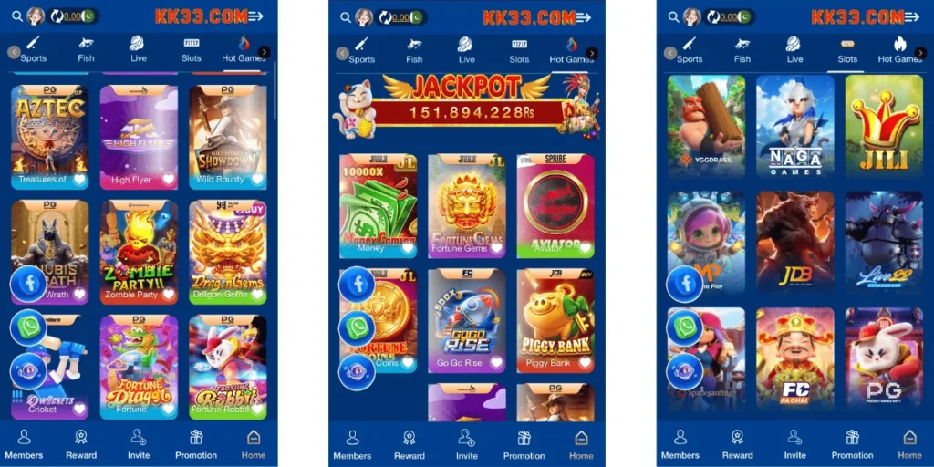 Screenshots of the KK33 Game app interface showing slot games, jackpot banner, and casino categories like Sports, Fish, Live, and Hot Games.