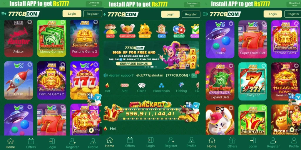 Screenshot of 777CB Game app homepage showing casino and slot games like Aviator, Money Coming, Fortune Gems, and Crazy777.