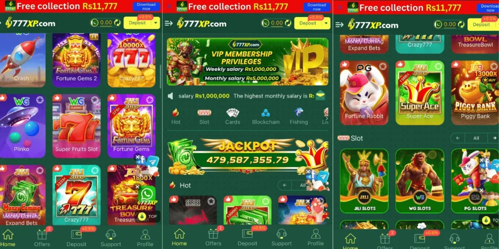 777XP Game interface showing casino and slot games like Crazy777, Fortune Gems, Super Ace, and Piggy Bank with colorful icons and earning offers.