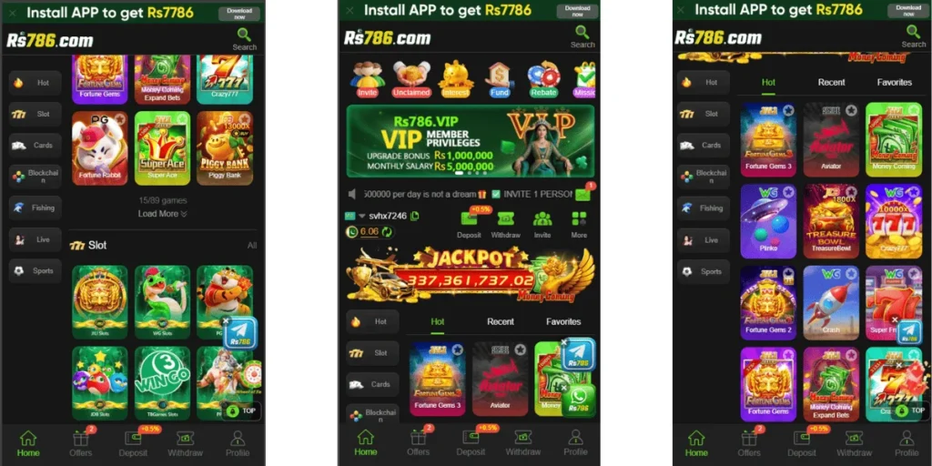 RS786 Game app interface showing casino and card games like Fortune Gems, Super Ace, Aviator, and VIP rewards section.