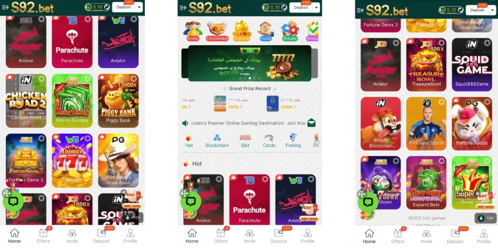 Screenshots of the S92 Game online gaming app interface showing casino, card, and slot games like Aviator, Parachute, Crazy777, and Money Coming.