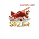 S92 game logo showing a red airplane flying over cash notes with the website name apkmaher.com.