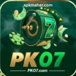 PK07 Game logo featuring a green slot machine with number 7, poker cards, casino chips, and cash elements, representing an online earning casino game.
